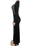 Black Sexy Solid Color Slit Hot Drill O Neck Long Dresses