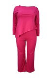 Deep Pink Casual Daily Solid Color Irregular O Neck Plus Size Two Pieces