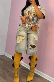 Blue Casual Solid Color Ripped Mid Waist Straight Denim Shorts