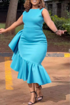 Light Blue Casual Daily Elegant Solid Color Ruffle Irregular Hem O Neck Wrapped Skirt Dresses