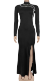 Black Sexy Solid Color Slit Hot Drill O Neck Long Dresses