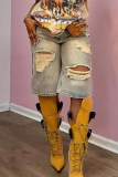 Blue Casual Solid Color Ripped Mid Waist Straight Denim Shorts