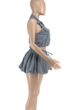 Grey Sexy Solid Color Pocket Zipper Turndown Collar Sleeveless Two Pieces