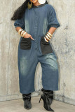 Blue Casual Daily Patchwork Pocket Buttons O Neck Half Sleeve Regular Denim Jumpsuits