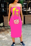 Tangerine Red Sexy Print Slit Strapless Long Dresses