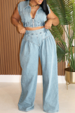 Light Blue Casual Solid Color Zipper Turndown Collar Sleeveless Two Pieces