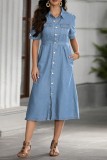 Light Blue Casual Daily Solid Color Buttons Turndown Collar Short Sleeve Regular Denim Dresses