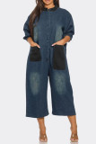 Blue Casual Daily Patchwork Pocket Buttons O Neck Half Sleeve Regular Denim Jumpsuits