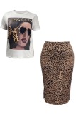 Leopard Print Casual Daily Leopard Print Slit O Neck Plus Size Two Pieces