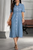 Light Blue Casual Daily Solid Color Buttons Turndown Collar Short Sleeve Regular Denim Dresses