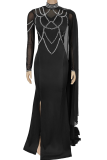 Black Elegant Solid Color Hot Drill O Neck Long Dresses