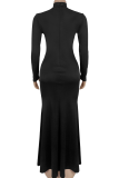 Black Sexy Solid Color Slit Hot Drill O Neck Long Dresses