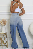 Blue Casual Street Daily Gradient Color Pocket Patchwork Mid Waist Straight Denim Jeans