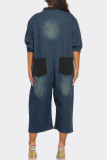Blue Casual Daily Patchwork Pocket Buttons O Neck Half Sleeve Regular Denim Jumpsuits