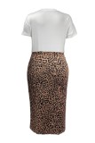 Leopard Print Casual Daily Leopard Print Slit O Neck Plus Size Two Pieces