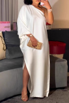 White Elegant Solid Color Slit Oblique Collar Long Dresses
