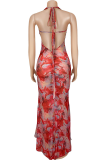 Red Sexy Print Backless Slit Strap Design Deep V Neck Irregular Dresses