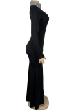Black Sexy Solid Color Slit Hot Drill O Neck Long Dresses