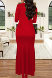 Black Elegant Solid Color Slit Hot Drill O Neck Long Dresses