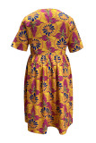 Orange Casual Daily Print Basic V Neck A Line Plus Size Dresses