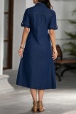 Light Blue Casual Daily Solid Color Buttons Turndown Collar Short Sleeve Regular Denim Dresses