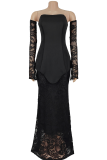 Black Sexy Solid Color Lace Slit Strapless Long Sleeve Two Pieces