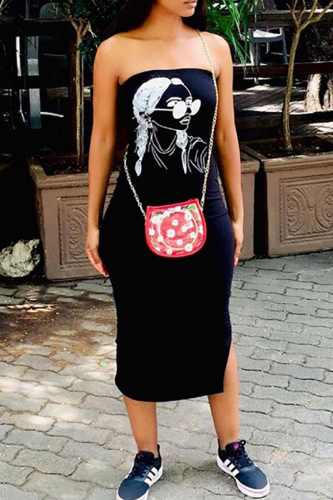 Black Sexy Print Slit Strapless Long Dresses