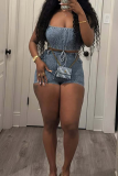 Blue Sexy Solid Color Strap Design Spaghetti Strap Sleeveless Two Pieces