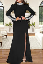 Black Elegant Solid Color Slit Hot Drill O Neck Long Dresses