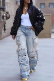 Blue Casual Solid Color Pocket High Waist Loose Denim Jeans
