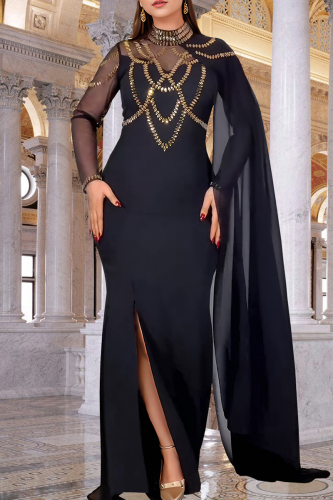 Black Gold Elegant Solid Color Hot Drill O Neck Long Dresses