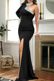 Black Sexy Solid Color Slit Hot Drill O Neck Long Dresses