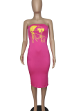 Tangerine Red Sexy Print Slit Strapless Long Dresses