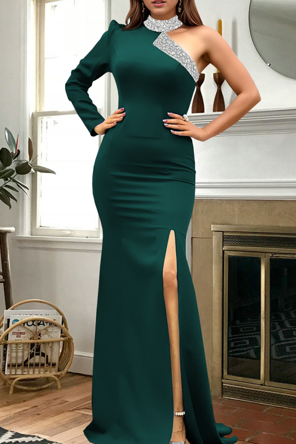 Ink Green Sexy Solid Color Slit Hot Drill O Neck Long Dresses