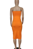 Tangerine Red Sexy Print Slit Strapless Long Dresses