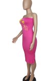 Tangerine Red Sexy Print Slit Strapless Long Dresses