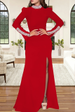 Black Elegant Solid Color Slit Hot Drill O Neck Long Dresses