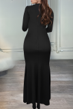 Black Sexy Solid Color Slit Hot Drill O Neck Long Dresses