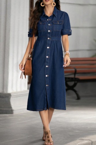 Deep Blue Casual Daily Solid Color Buttons Turndown Collar Short Sleeve Regular Denim Dresses