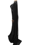 Black Elegant Solid Color Hot Drill O Neck Long Dresses