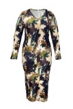 Multicolor Casual Daily Print Basic V Neck Long Sleeve Plus Size Dresses