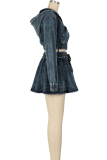 Deep Blue Sexy Solid Color Pocket Zipper Hooded Long Sleeve Two Pieces