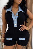 Black Sexy Buttons Patchwork Turndown Collar Regular Rompers
