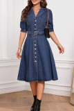 Deep Blue Casual Solid Color Pocket Buckle With Belt Turndown Collar Half Sleeve Mid Waist Denim Dresses