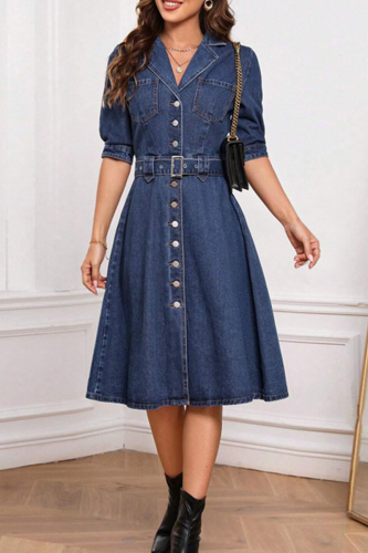 Deep Blue Casual Solid Color Pocket Buckle With Belt Turndown Collar Half Sleeve Mid Waist Denim Dresses