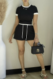 Black Casual Draw String Contrast O Neck Short Sleeve Two Pieces