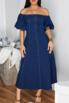Deep Blue Sexy Solid Color Zipper Square Neck Short Sleeve Boot Cut Denim Dresses