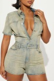 Light Color Casual Daily Solid Color Buttons Turndown Collar Short Sleeve Regular Denim Romper