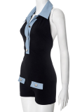 Black Sexy Buttons Patchwork Turndown Collar Regular Rompers