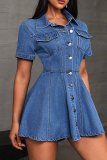 Blue Sexy Solid Color Pocket Buckle Turndown Collar Short Sleeve Boot Cut Denim Dresses